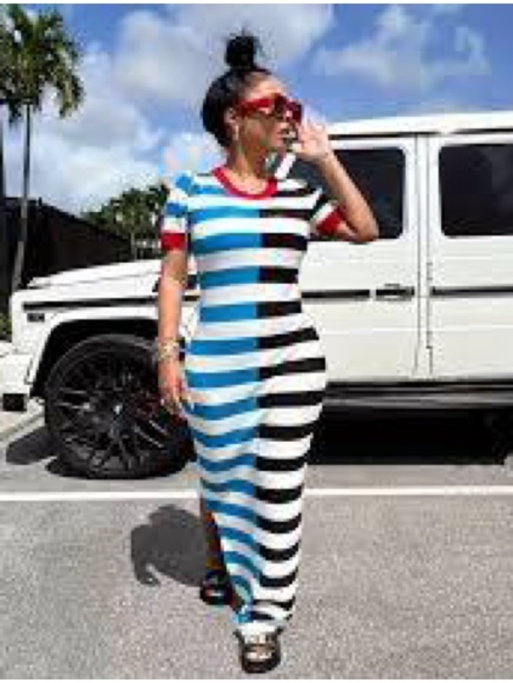 Striped Short-Sleeve Maxi Dress in Blue, Black, Yellow & White